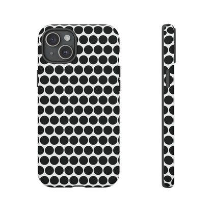 Black white dot pattern tough phone case with sleek modern design shown from the back for iphone samsung google