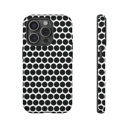 Black white dot pattern tough phone case with sleek modern design shown from the back for iphone samsung google