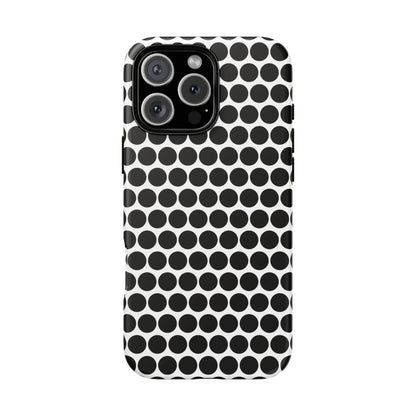 Black white dot pattern tough phone case for iphone samsung and google with sleek modern design shown from back side