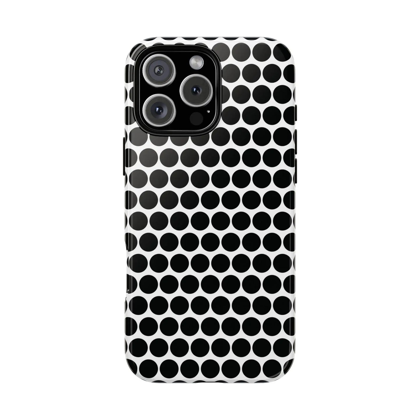 Black white dot pattern tough phone case with glossy finish shown from the back for iphone samsung google