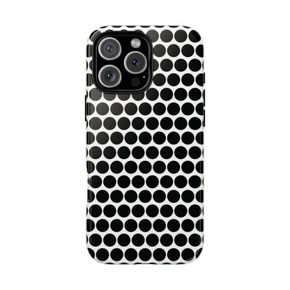 Black white dot pattern tough phone case with glossy finish shown from the back for iphone samsung google