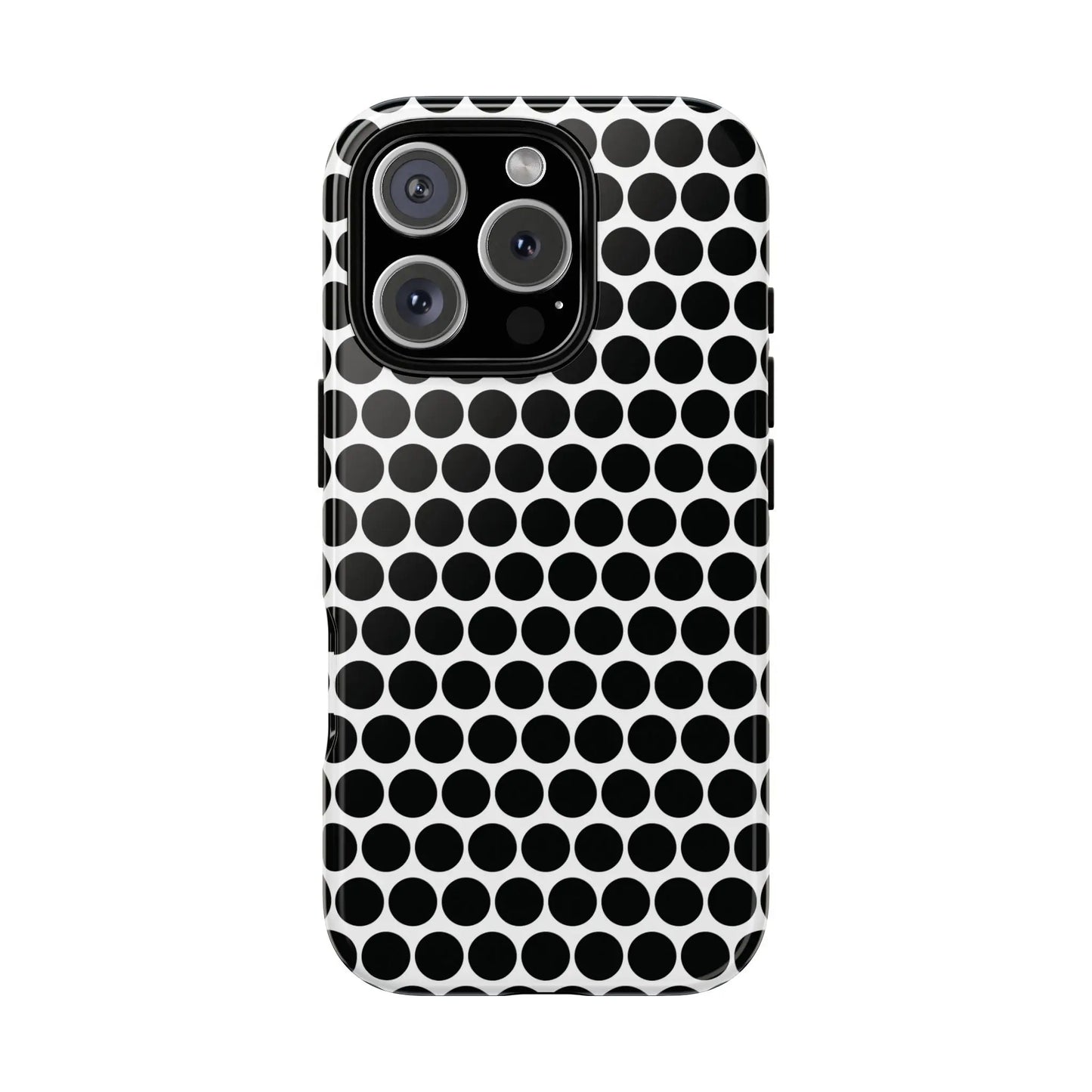 Black white dot pattern tough phone case with glossy finish shown from the back for iphone samsung google phones