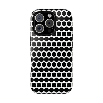 Black white dot pattern tough phone case with glossy finish shown from the back for iphone samsung google phones