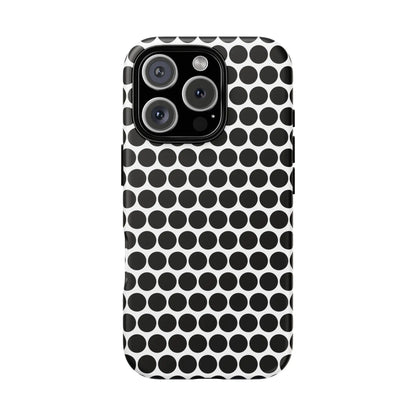 Black white dot pattern tough phone case with sleek modern design showing back side for iphone samsung google