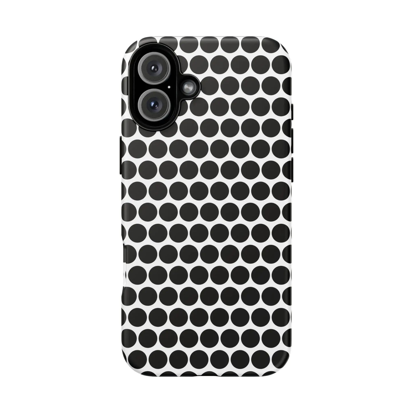 Black white dot pattern tough phone case with sleek modern design shown from the back for iphone samsung google