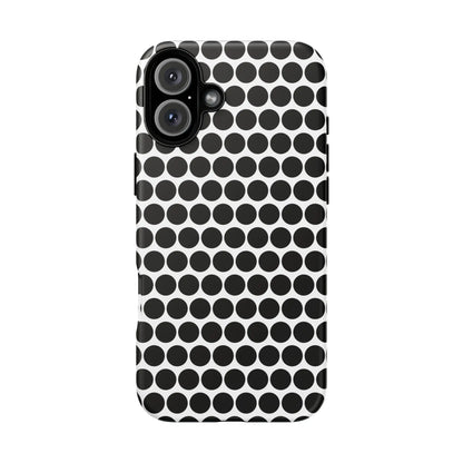 Black white dot pattern tough phone case with sleek modern design shown from the back for iphone samsung google