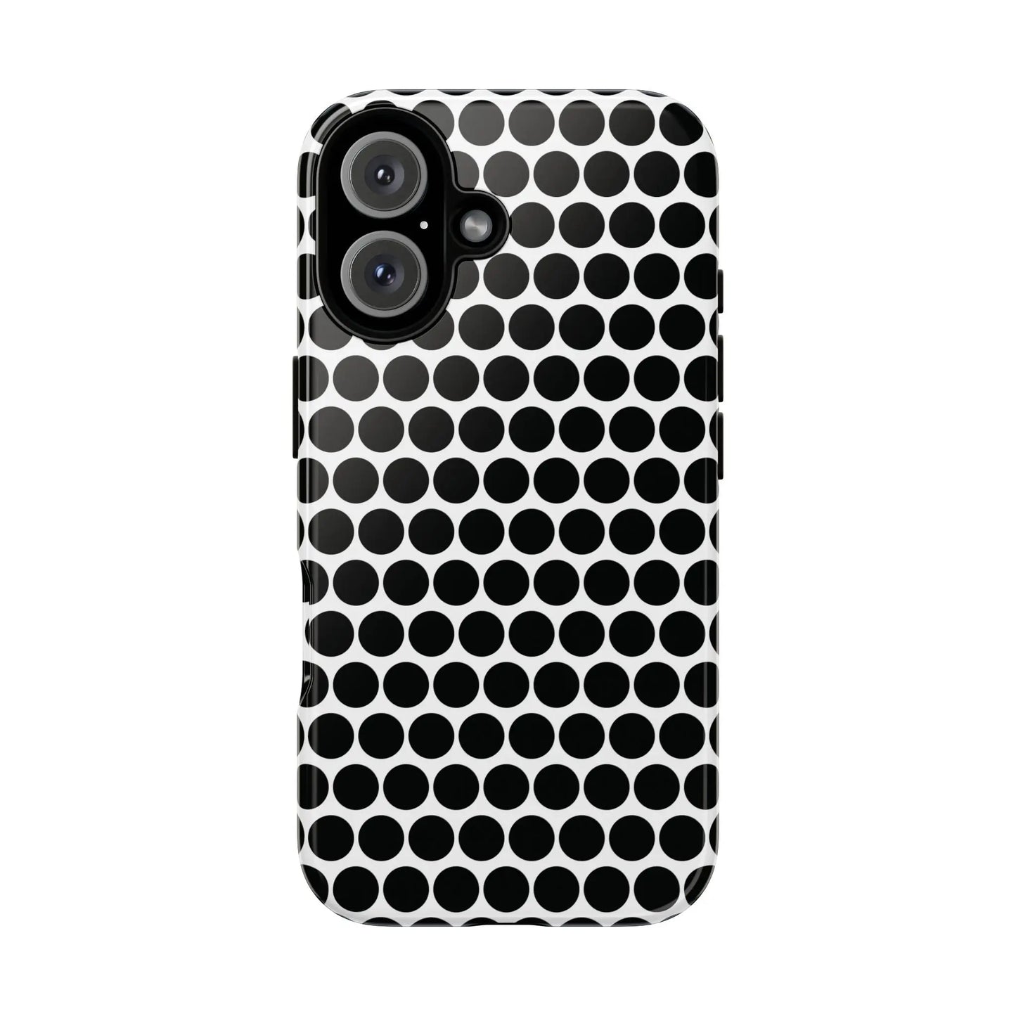 Black white dot pattern tough phone case with glossy finish shown from the back for iphone samsung google