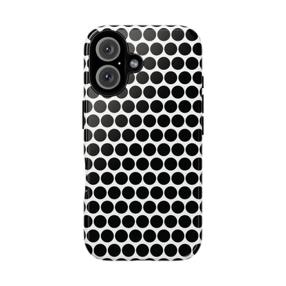 Black white dot pattern tough phone case with glossy finish shown from the back for iphone samsung google