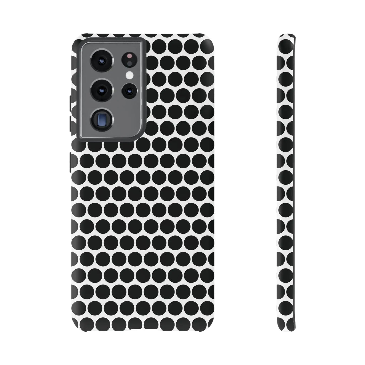 Black white dot pattern tough phone case with sleek modern design showing the back for iphone samsung google models