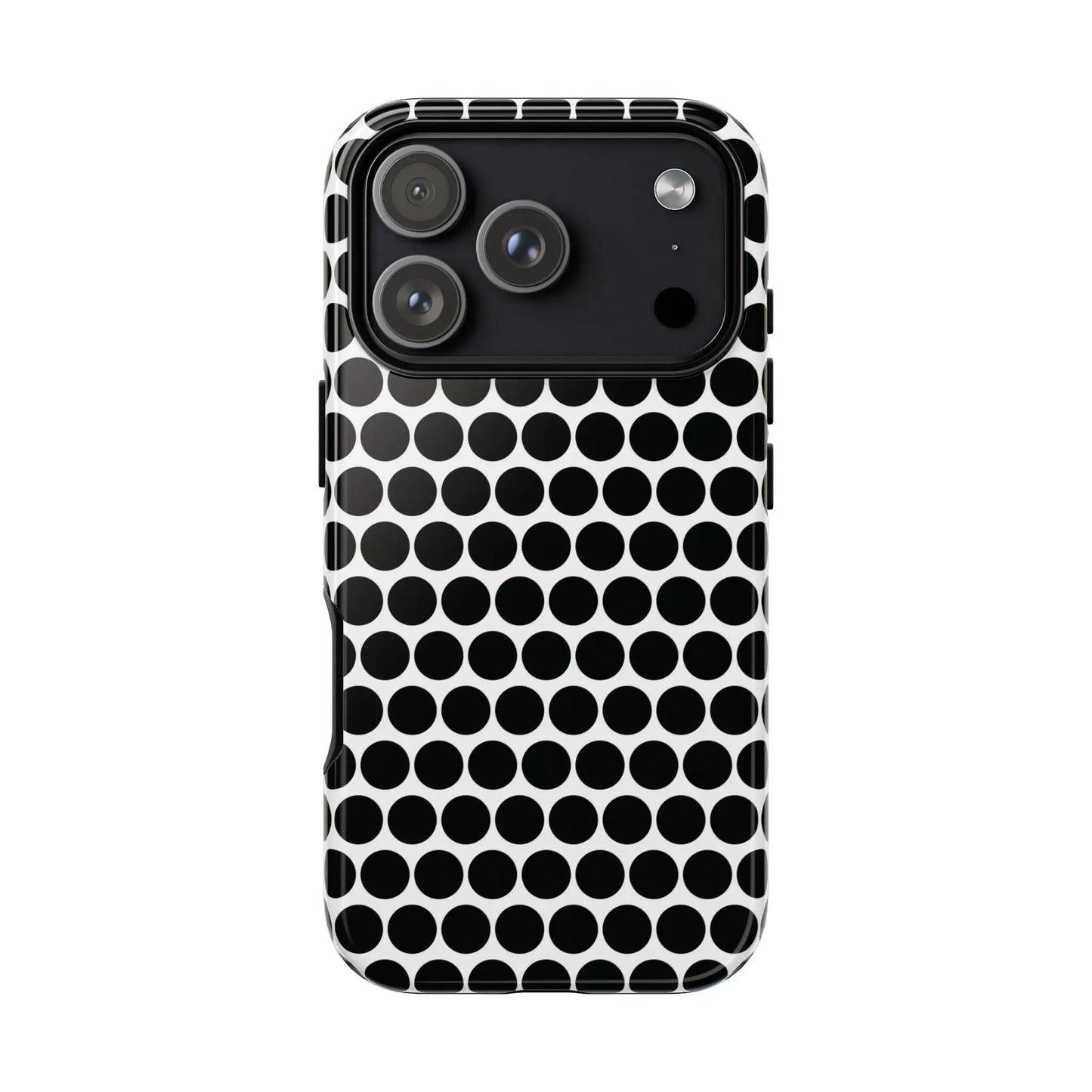 Black white dot pattern tough phone case with glossy finish showing the back side for iPhone Samsung Google