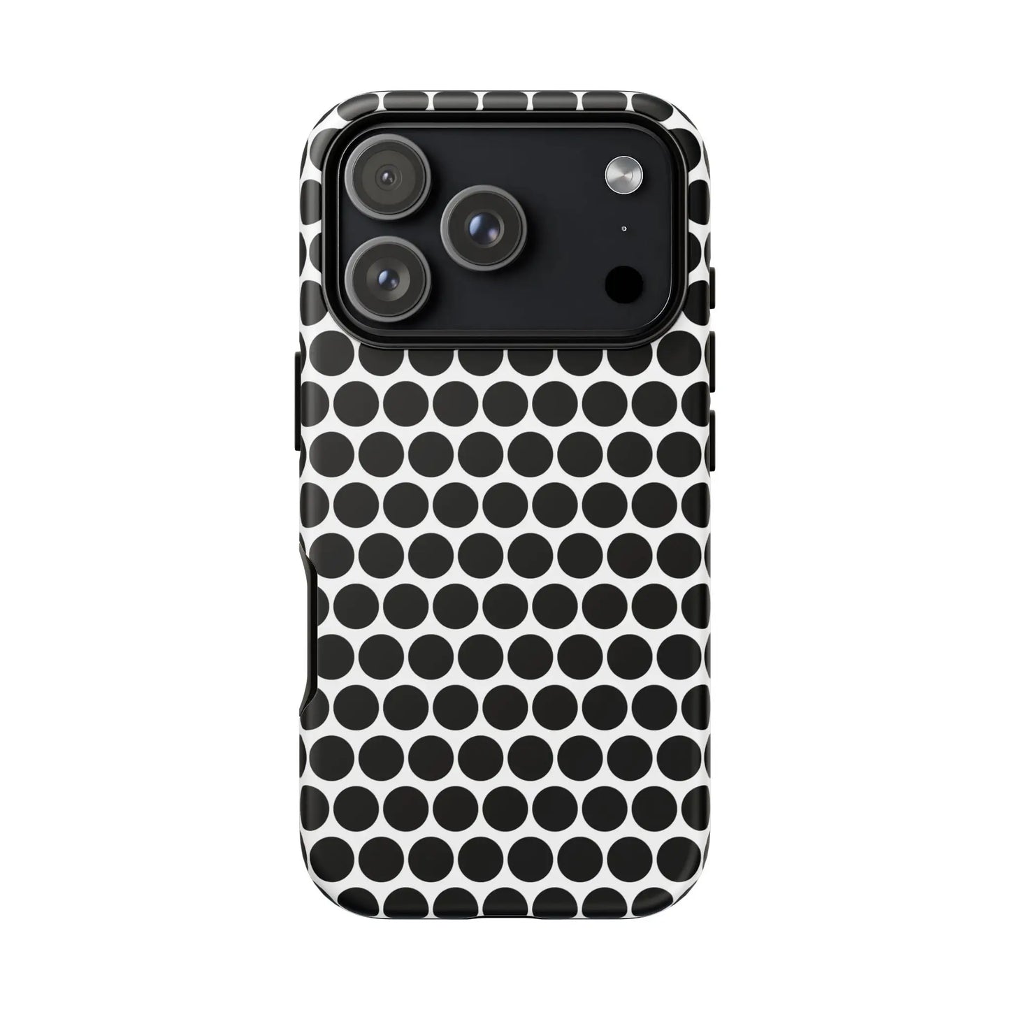 Black white dot pattern tough phone case for iPhone Samsung and Google with sleek modern polka dot design on back side
