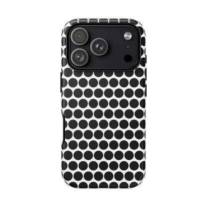 Black white dot pattern tough phone case for iPhone Samsung and Google with sleek modern polka dot design on back side