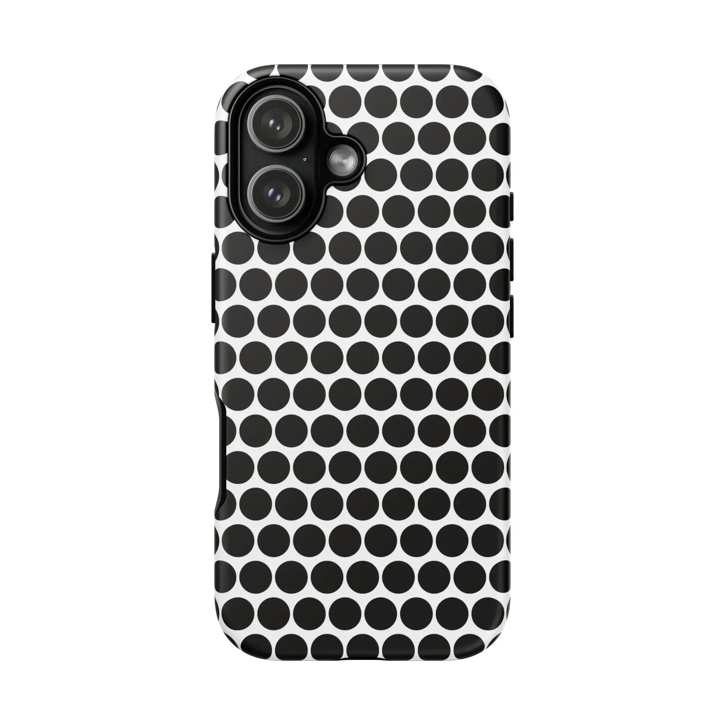 Black white dot phone case with sleek modern design featuring a white dot pattern tough cover for iPhone Samsung Google back view