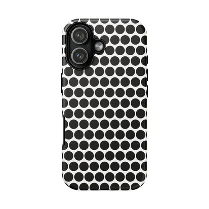 Black white dot phone case with sleek modern design featuring a white dot pattern tough cover for iPhone Samsung Google back view