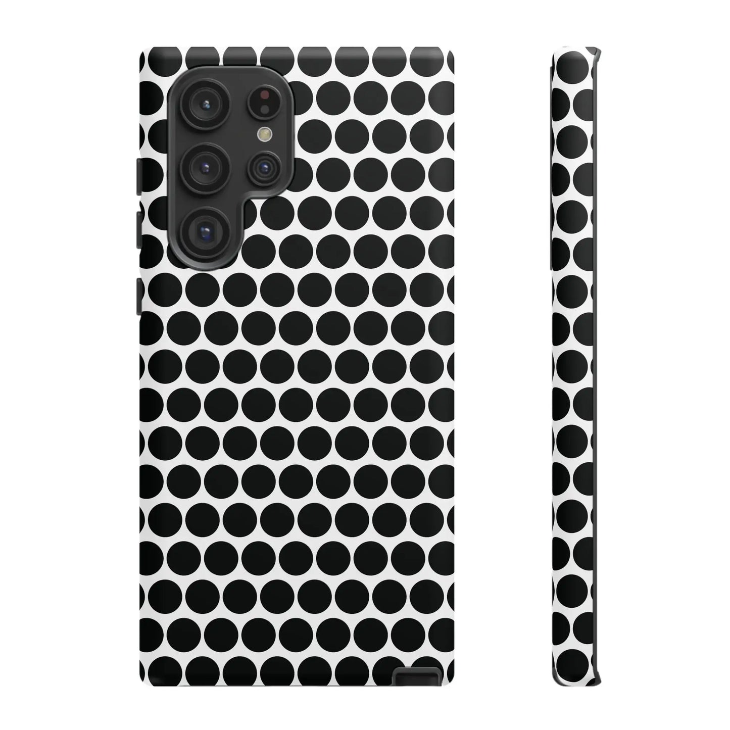 Back side of a black white dot pattern tough phone case with sleek modern design for iphone samsung google models