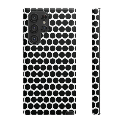 Back side of a black white dot pattern tough phone case with sleek modern design for iphone samsung google models