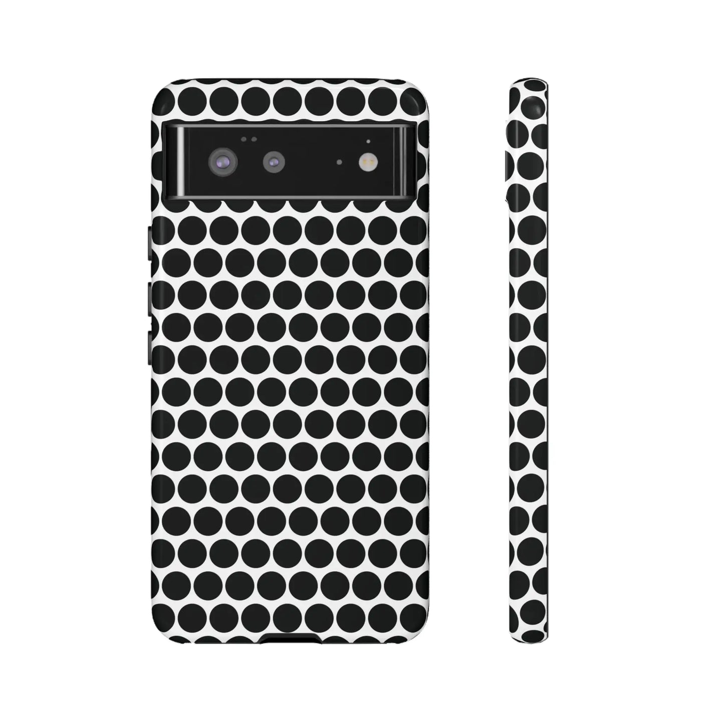 Black white dot pattern tough phone case with sleek modern design shown from the back for iphone samsung google
