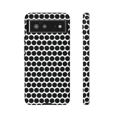 Black white dot pattern tough phone case with sleek modern design shown from the back for iphone samsung google
