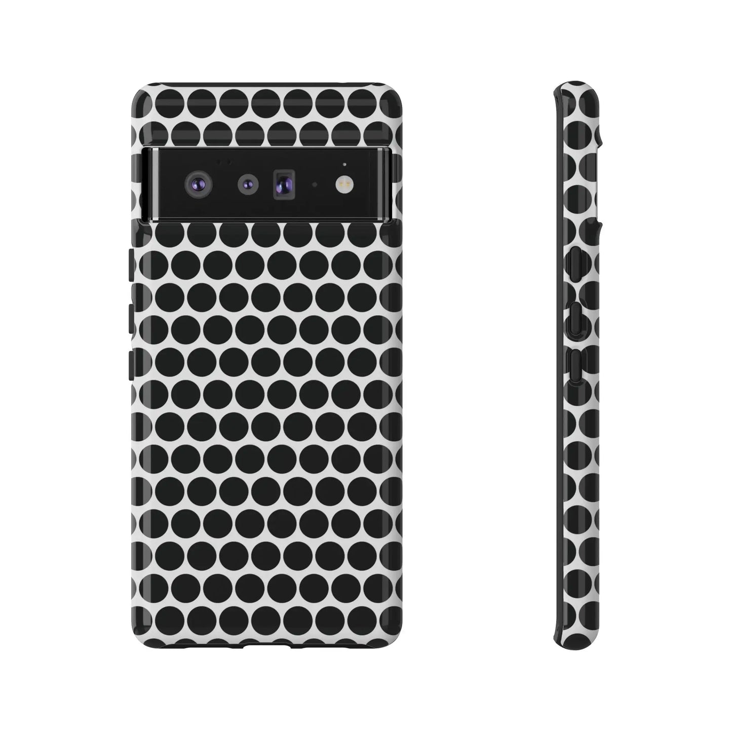 Black white dot pattern tough phone case with sleek modern design shown from the back for iphone samsung google