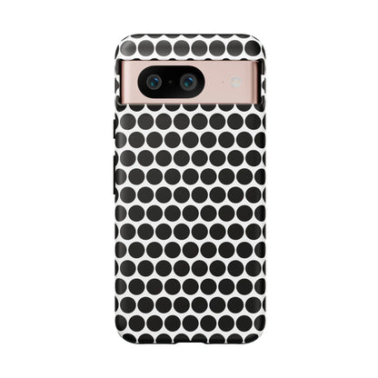 Black and white dot pattern tough phone case showing back side with modern design for iphone samsung google