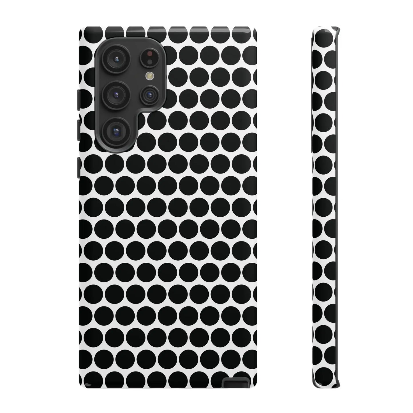 Black white dot pattern tough phone case with sleek modern design shown from the back for iphone samsung google