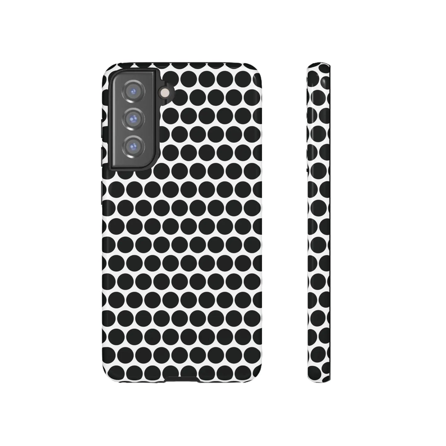 Back side of a black white dot pattern tough phone case featuring a sleek modern design for iphone samsung google