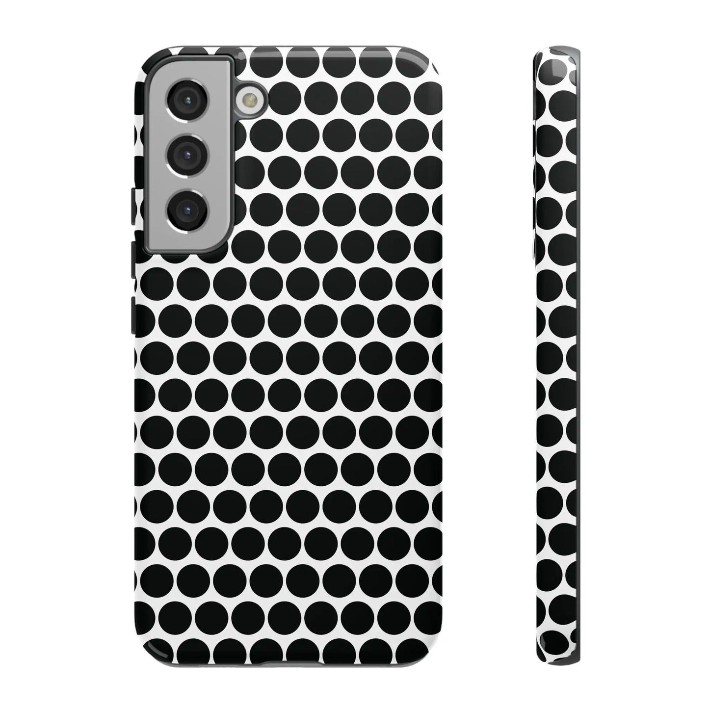 Black and white dot pattern tough phone case with sleek modern design shown from the back for iphone samsung google