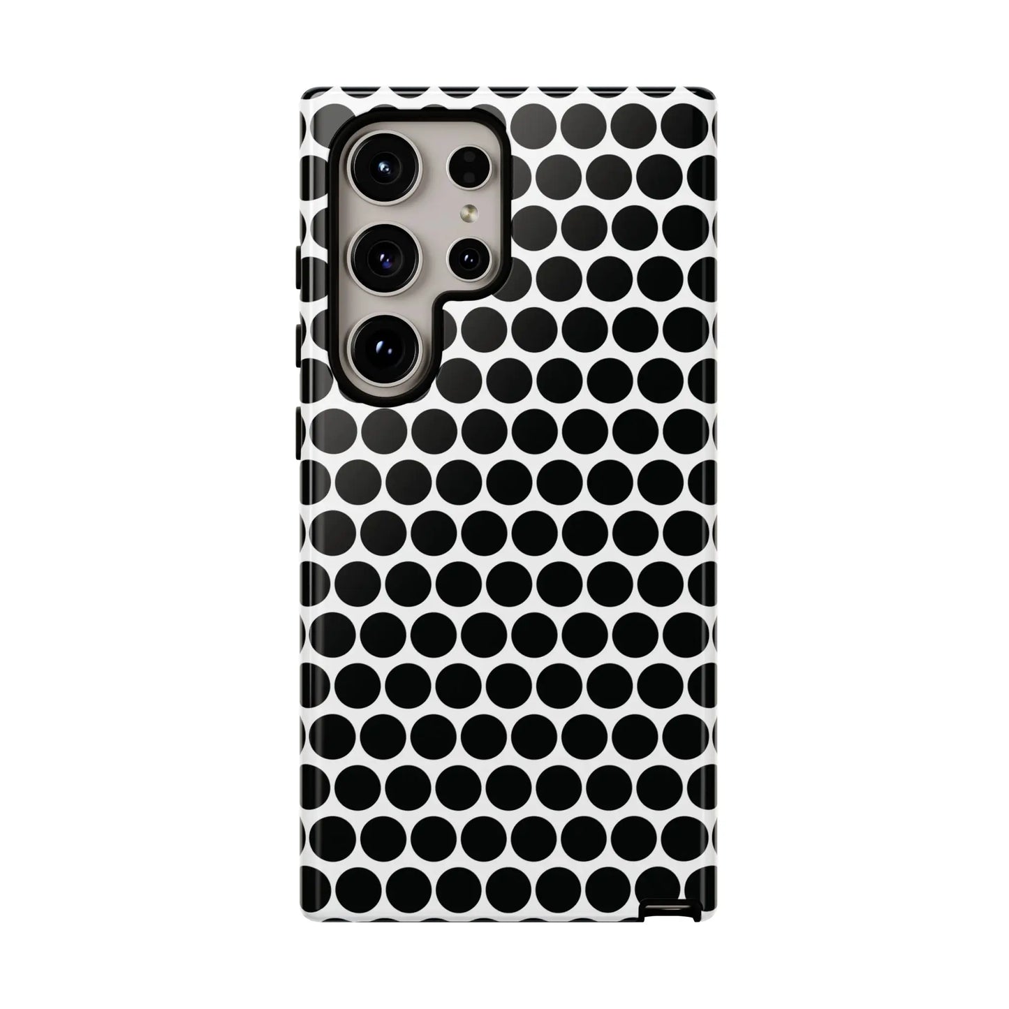 Black and white dot pattern tough phone case with sleek modern design shown from the back for iphone samsung google