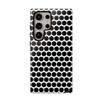 Black and white dot pattern tough phone case with sleek modern design shown from the back for iphone samsung google