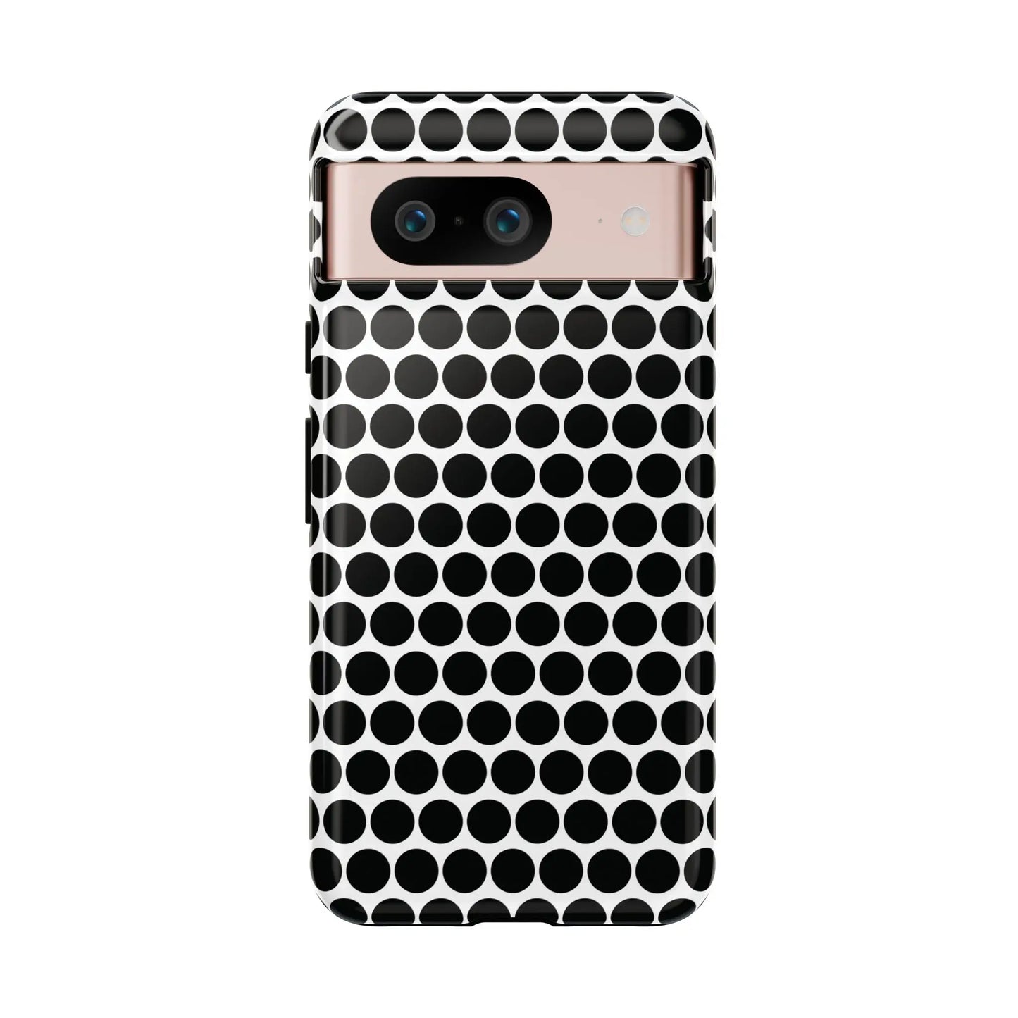 Back side of a black white dot pattern tough phone case with a glossy finish for iphone samsung google phones