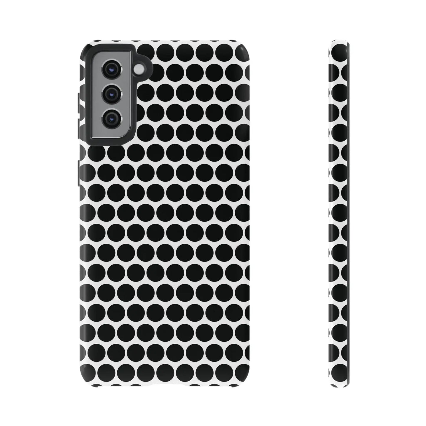 Black white dot pattern tough phone case with sleek modern design shown from the back for iphone samsung google