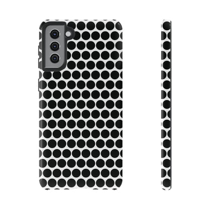 Black white dot pattern tough phone case with sleek modern design shown from the back for iphone samsung google