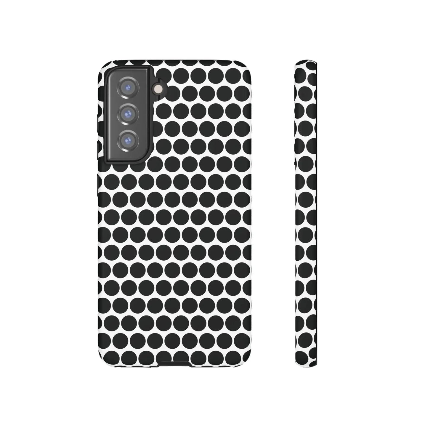 Black and white dot pattern tough phone case showing the back side with a sleek modern design for iphone samsung google