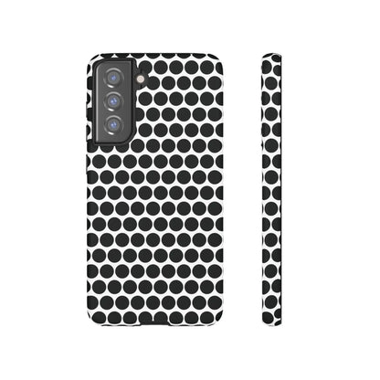 Black and white dot pattern tough phone case showing the back side with a sleek modern design for iphone samsung google