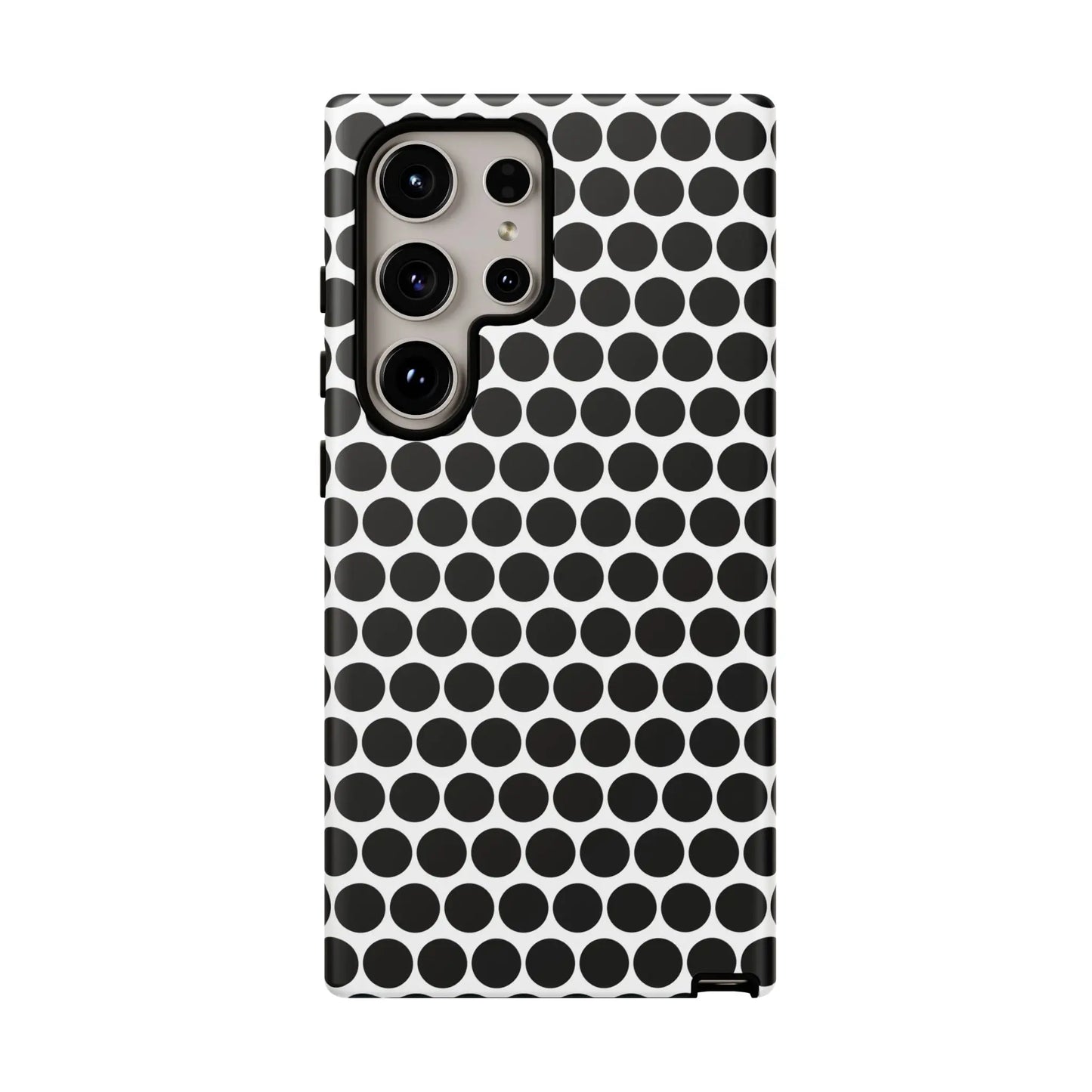 Black white dot pattern tough phone case with sleek modern design shown from back for iphone samsung google