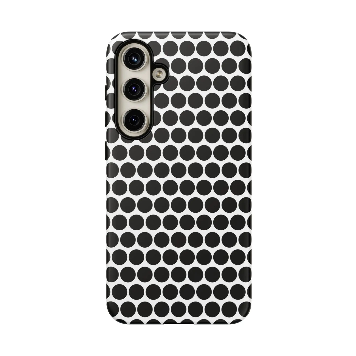 Black white dot pattern tough phone case with sleek modern design shown from the back for iphone samsung google