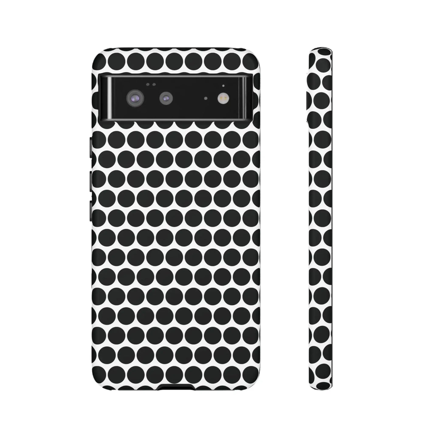 Black and white dot pattern tough phone case with sleek modern design shown from the back for iphone samsung google
