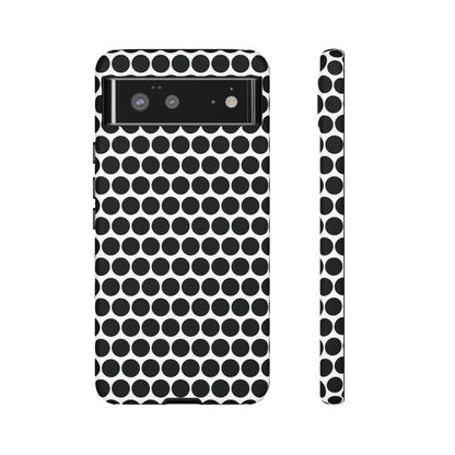 Black and white dot pattern tough phone case with sleek modern design shown from the back for iphone samsung google