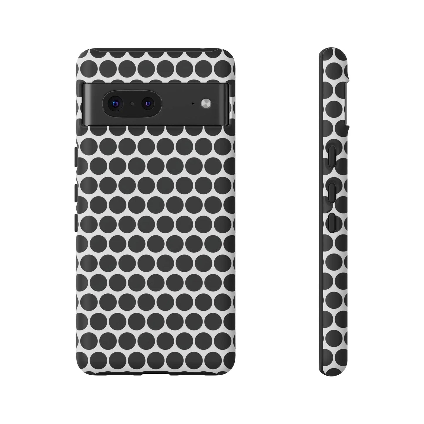 Black white dot tough phone case with white dot pattern featuring a sleek durable design shown from the back side