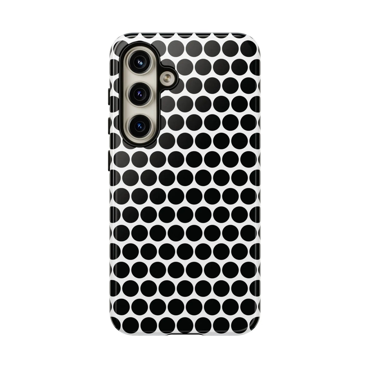 Back side of a black white dot tough phone case with a sleek modern white dot pattern for iPhone Samsung Google models