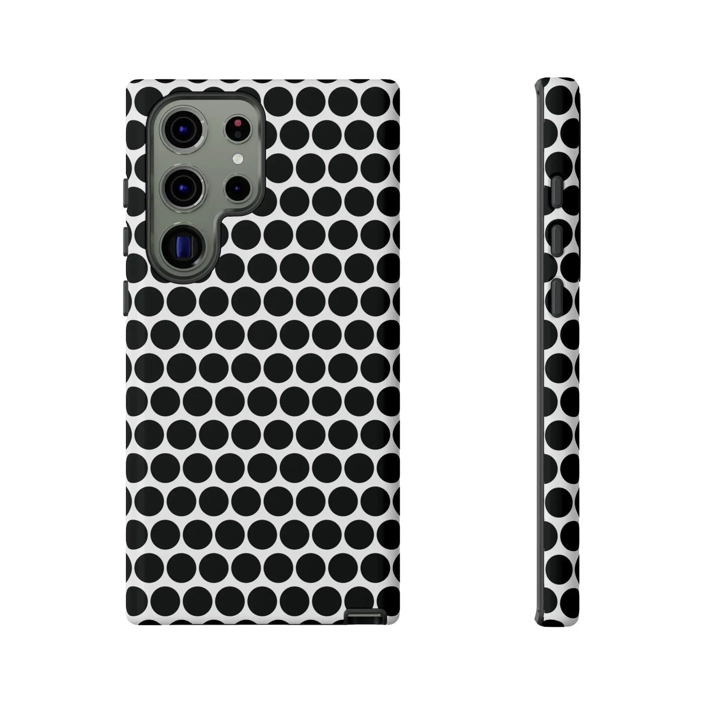 Back side of a black white dot pattern tough phone case with sleek modern design for iphone samsung google