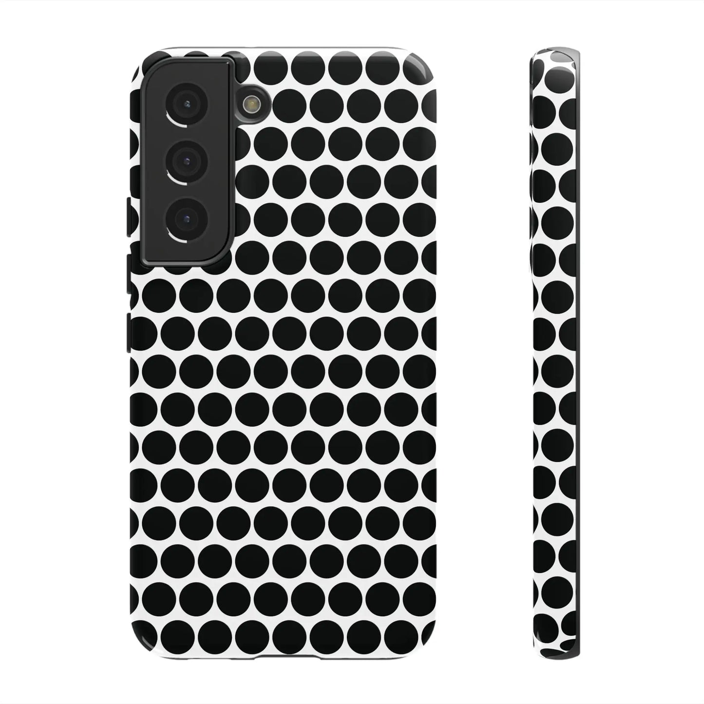 Black white dot tough phone case with white dot pattern for samsung galaxy s21 series shown from the back side