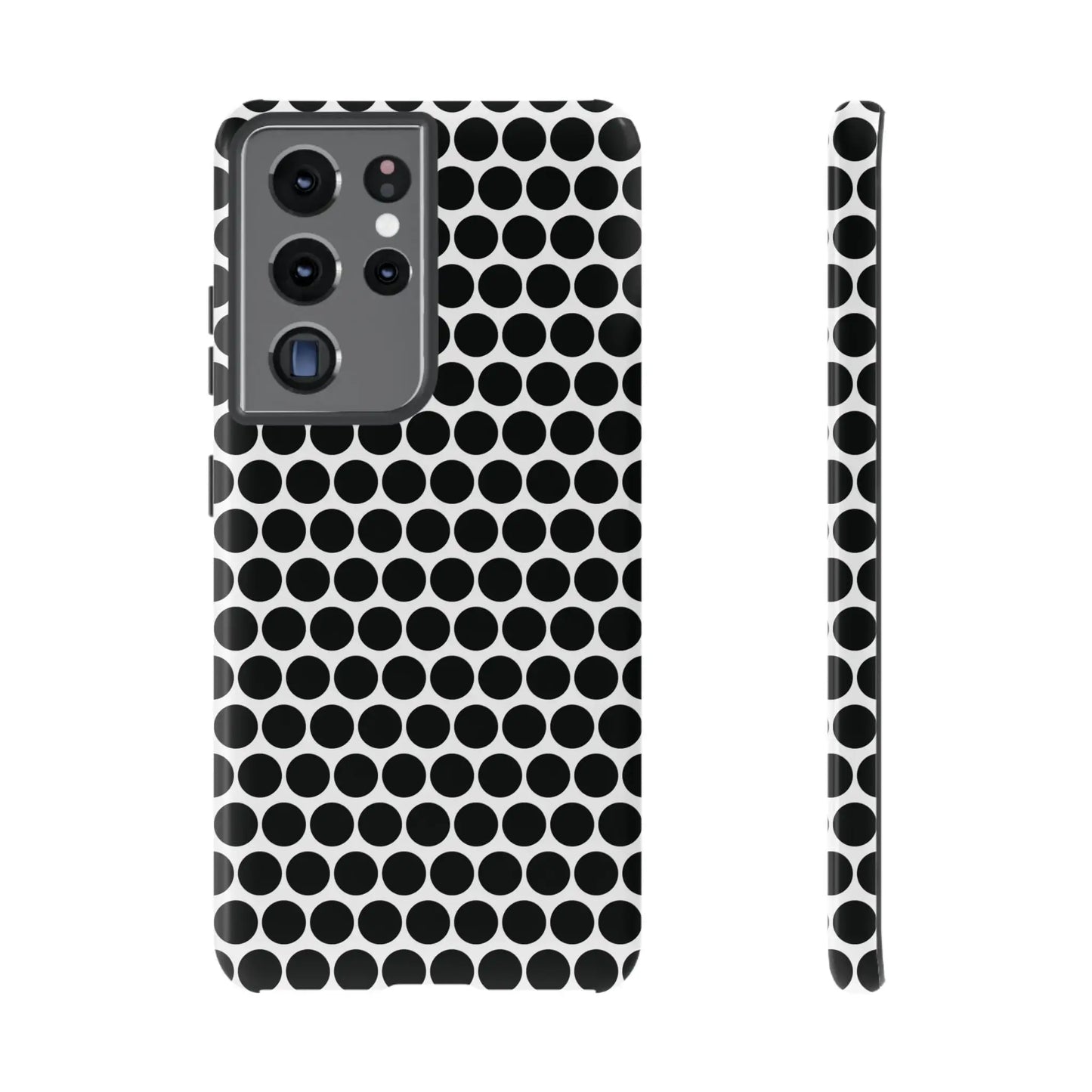 Back side of a black white dot pattern tough phone case with sleek modern design for iphone samsung google