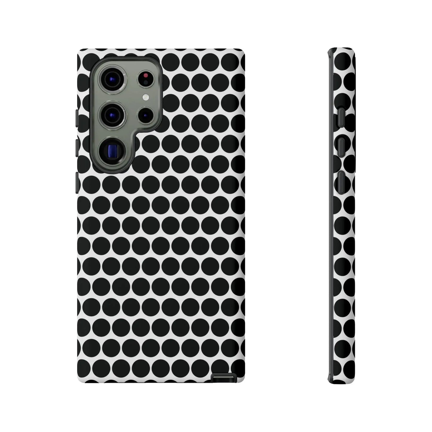 Black white dot pattern tough phone case with sleek modern design shown from the back for iphone samsung google