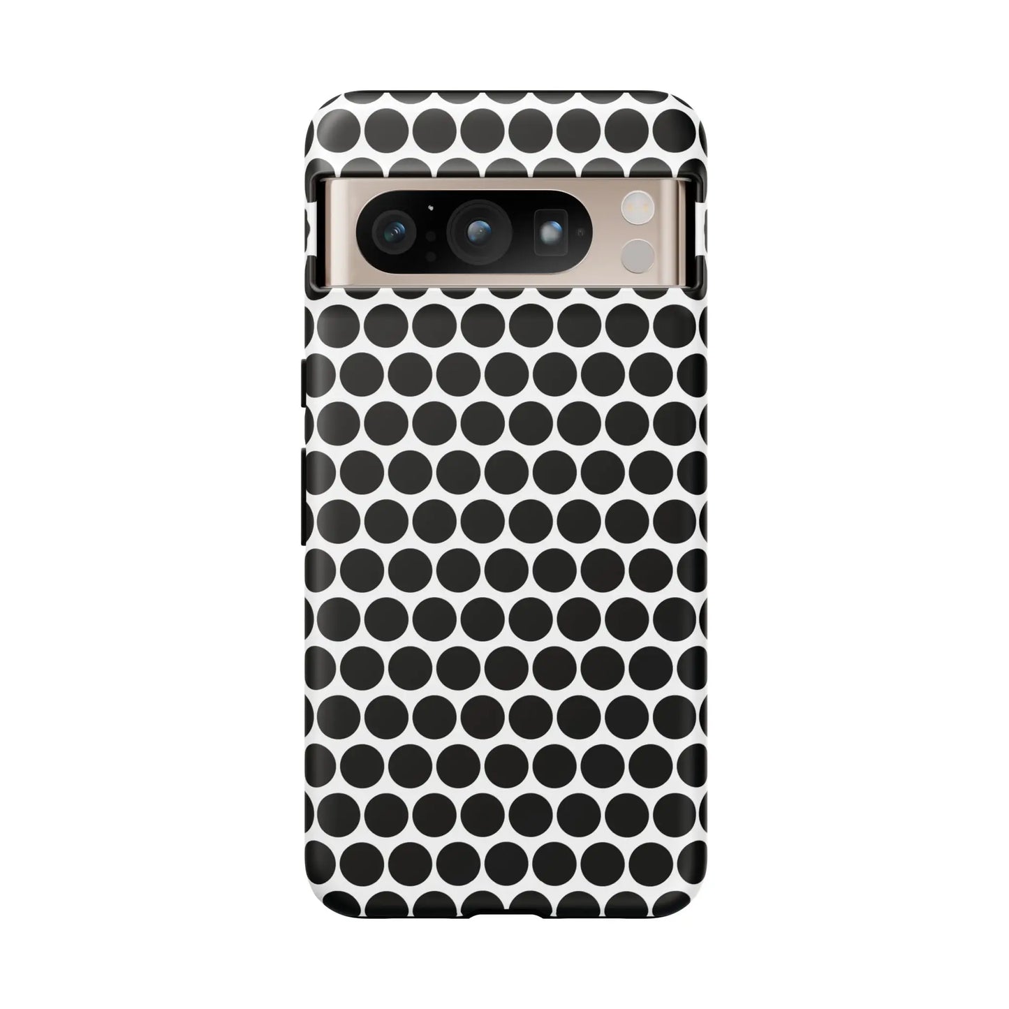 Black white dot pattern tough phone case with sleek modern design shown from the back for iphone samsung google