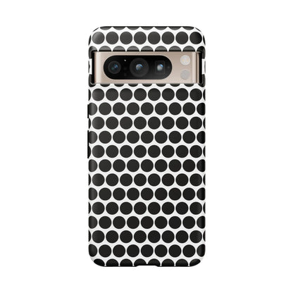 Black white dot pattern tough phone case with sleek modern design shown from the back for iphone samsung google