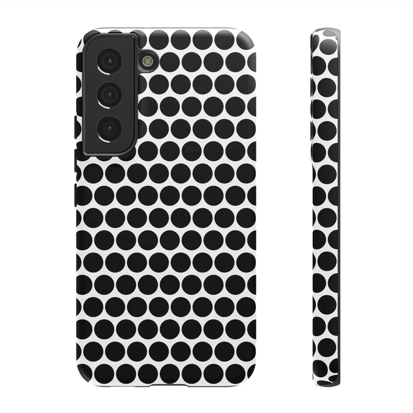 Black white dot pattern tough phone case with glossy finish showing back side for iphone samsung google models