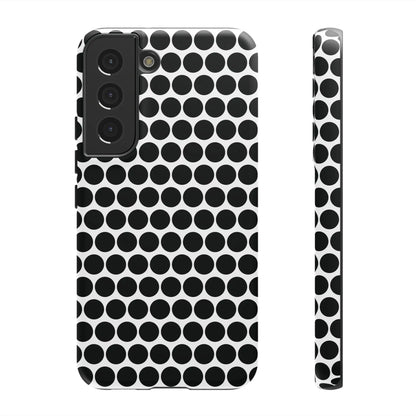 Black white dot pattern tough phone case with glossy finish showing back side for iphone samsung google models