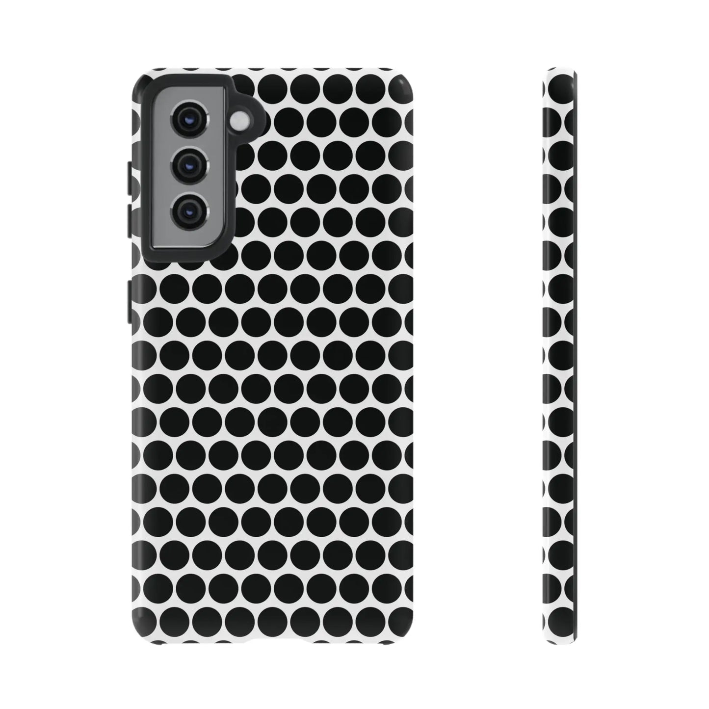 Black white dot pattern tough phone case for samsung galaxy s21 showing the back side of the durable design