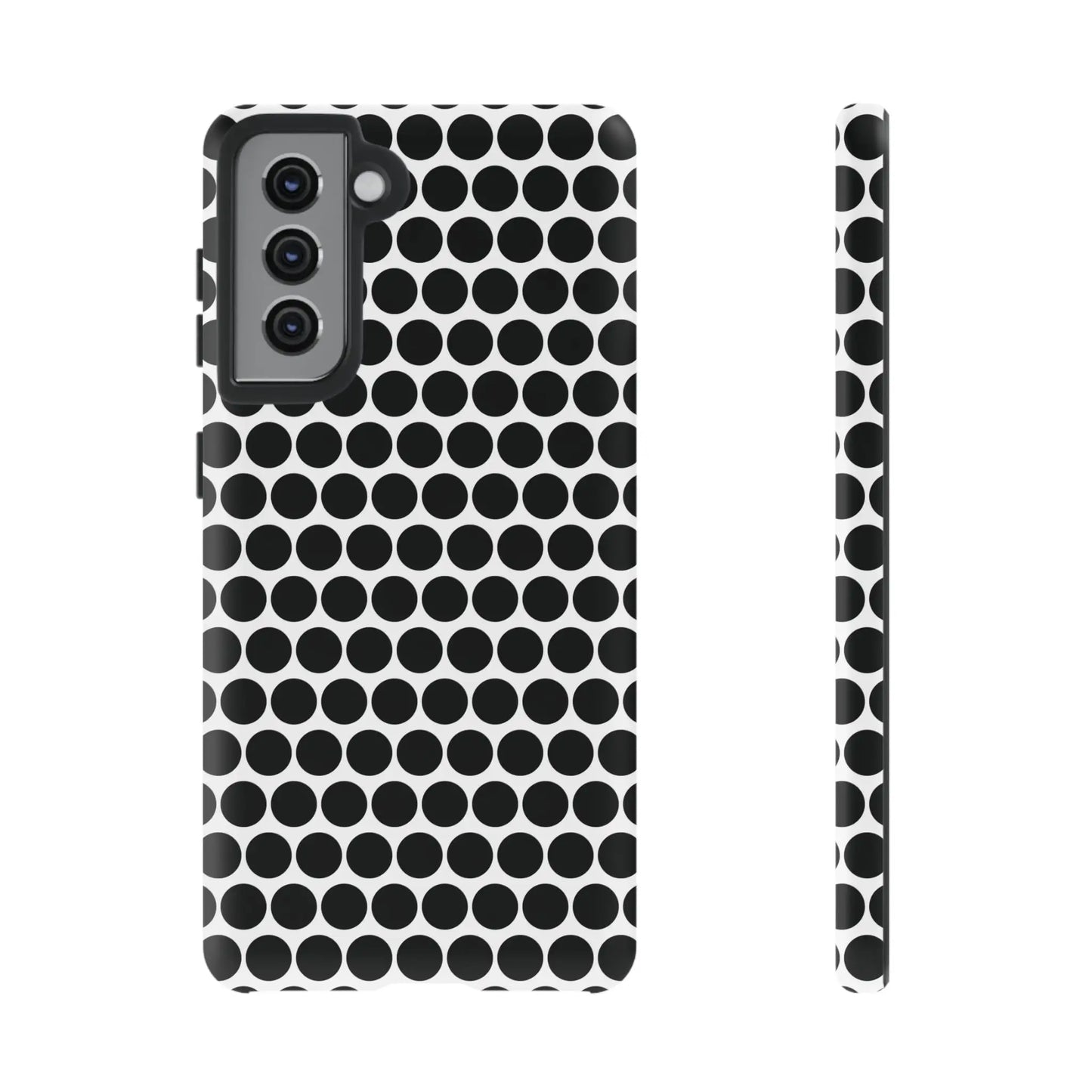 Black white dot pattern tough phone case with sleek modern design shown from back for iphone samsung google